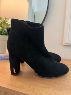 Yves Saint Laurent Black Suede Ankle Booties with Gold Logo